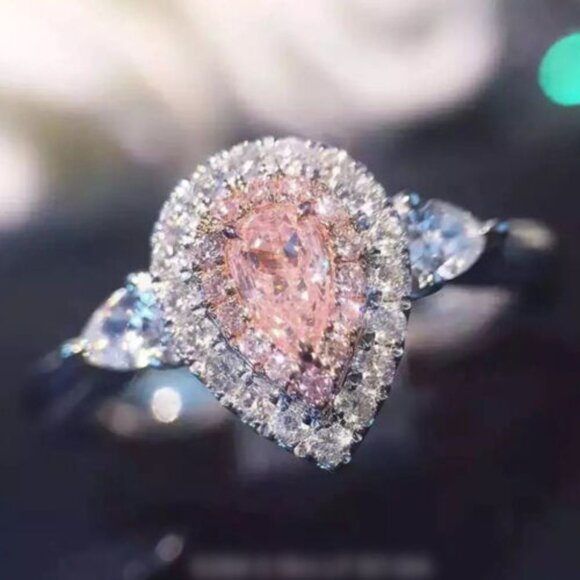 Jewelry - 3ct Pink/White Water Drop CZ Ring 925 Silver